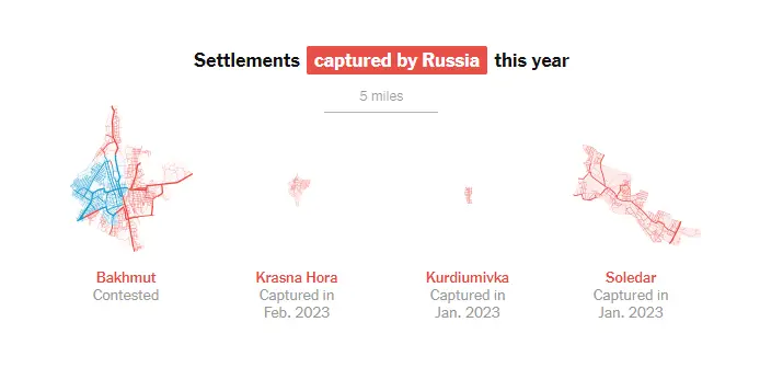 Infographie du New York Times, les quatre localités prises par la Russie en 2023