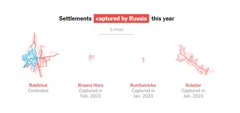 Infographie du New York Times, les quatre localités prises par la Russie en 2023