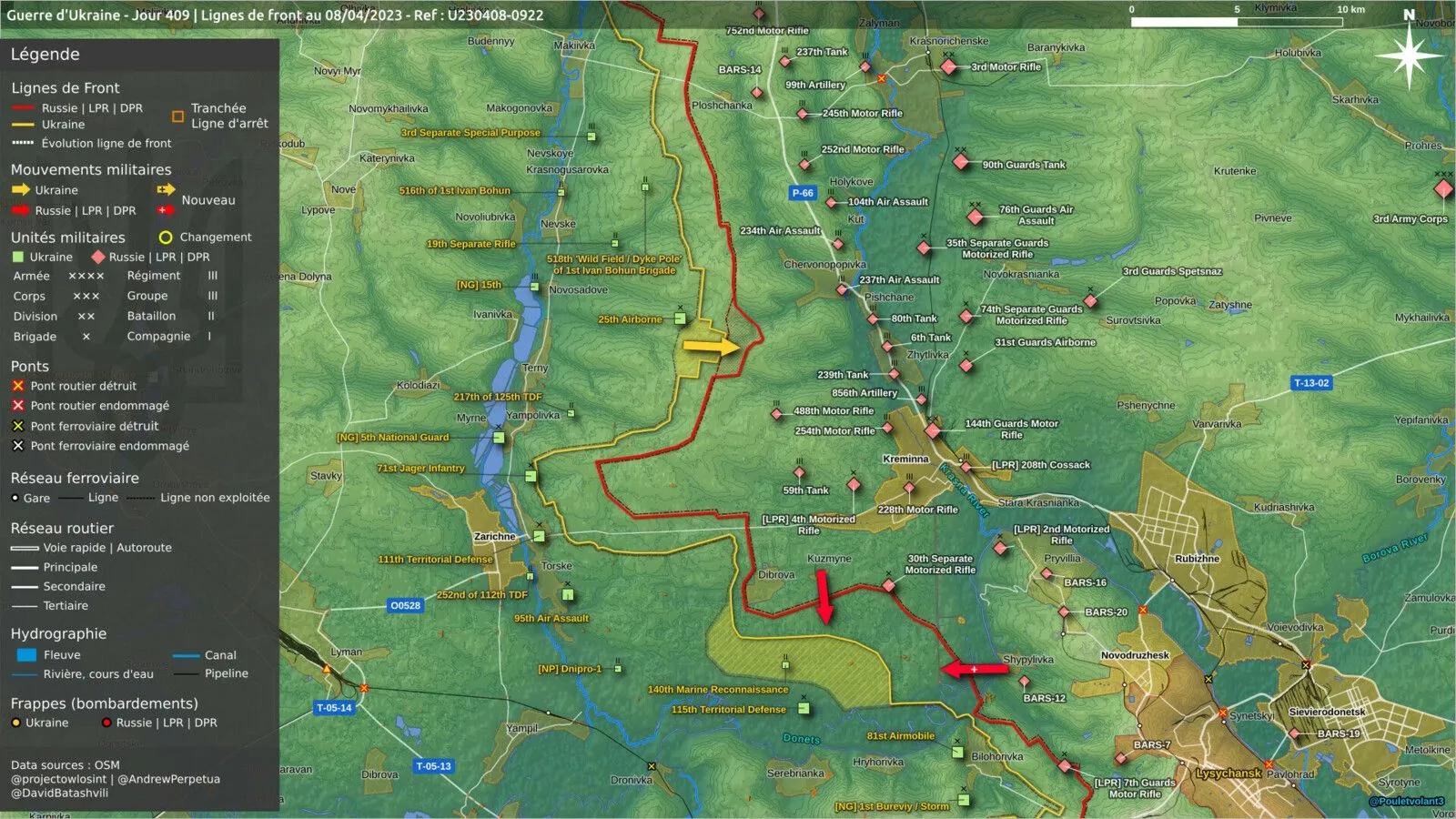 Carte du secteur de Kreminna au 8 avril, unités russes massées à l’est