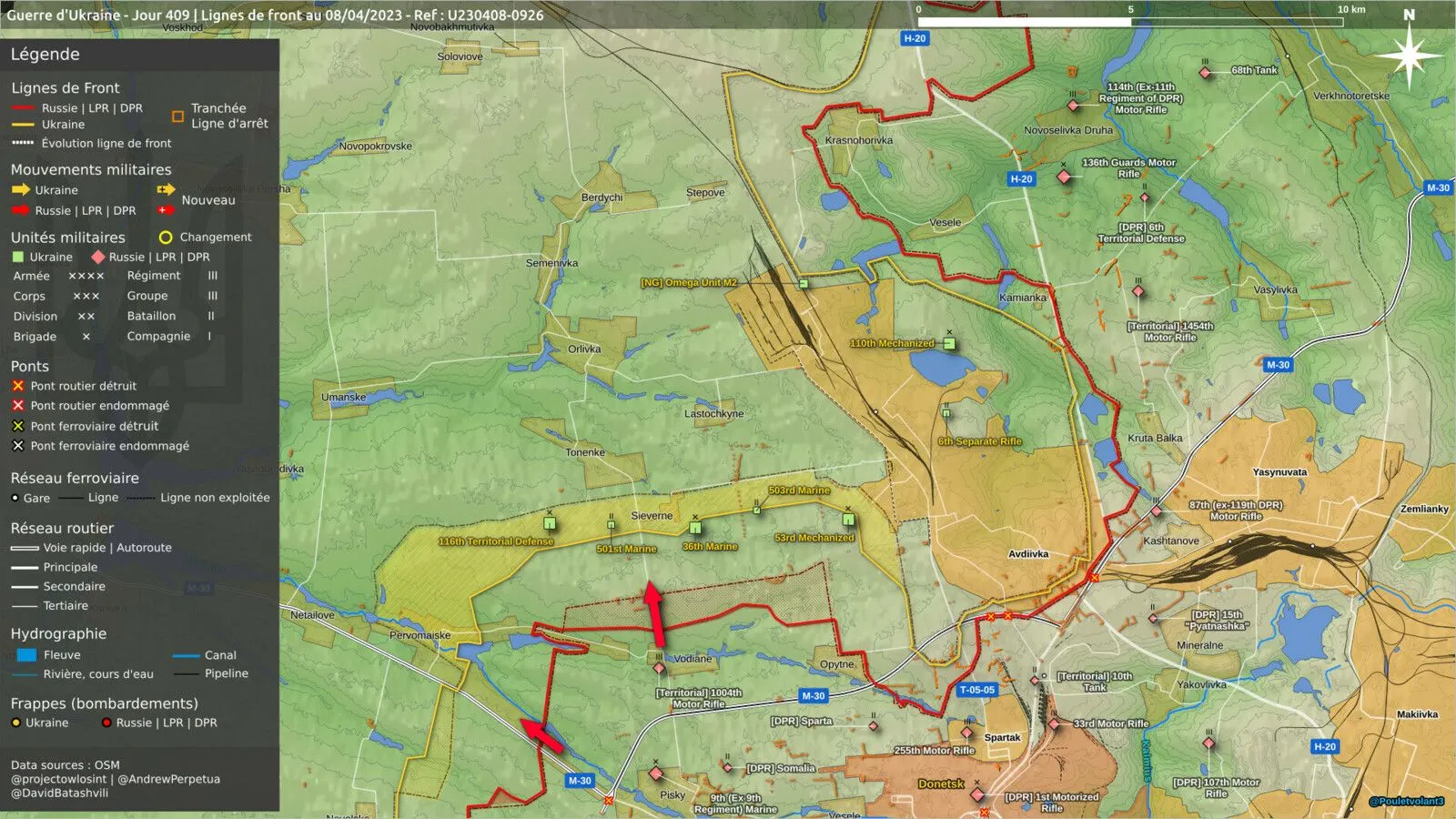 Carte du secteur d’Avdiivka au 8 avril, attaques russes vers Pervomaiske