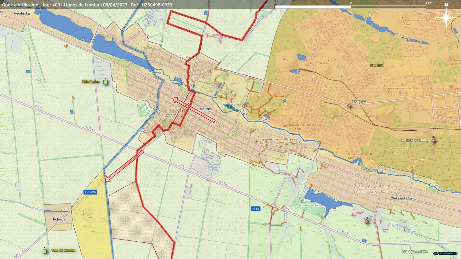 Carte de Marinka aux portes de Donetsk, poussées russes le long de la ville