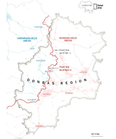 Carte du Donbass comparant les lignes de front du 1er janvier et du 4 avril