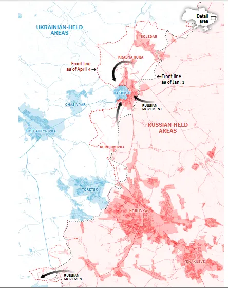 Zoom sur Bakhmout, évolution de la ligne de front entre janvier et avril