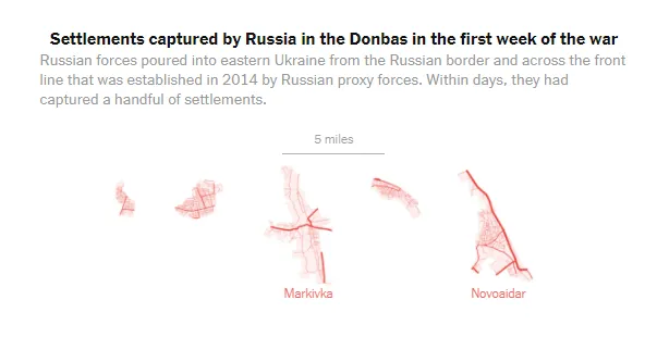 Localités du Donbass prises par la Russie la première semaine de la guerre