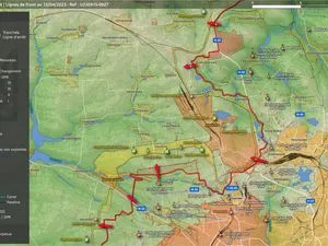 Carte du secteur d’Avdiivka au 15 avril, poussées russes marquées en rouge