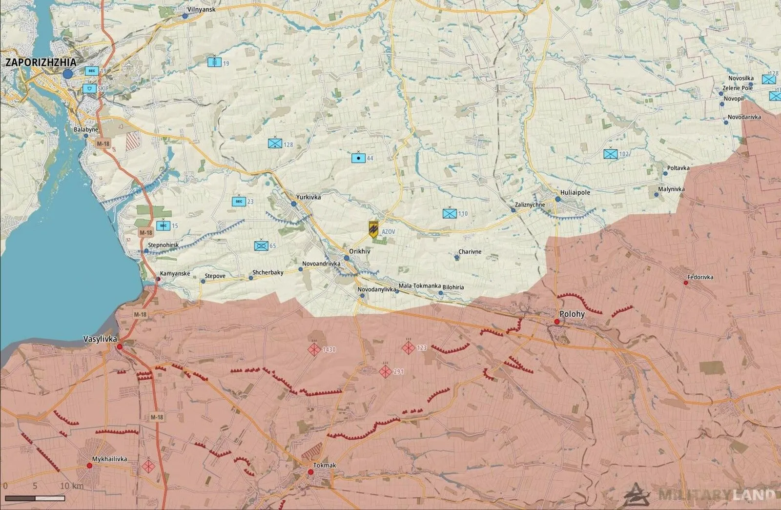 Carte du front de Zaporijjia, lignes de fortifications russes jusqu’à Tokmak