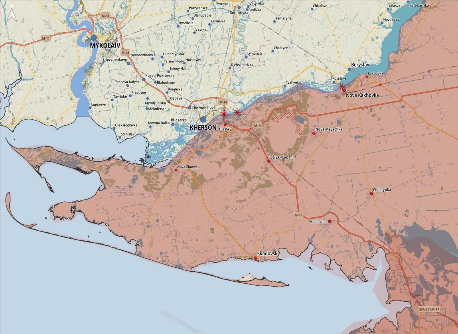 Carte de la région de Kherson, rive gauche du Dniepr occupée