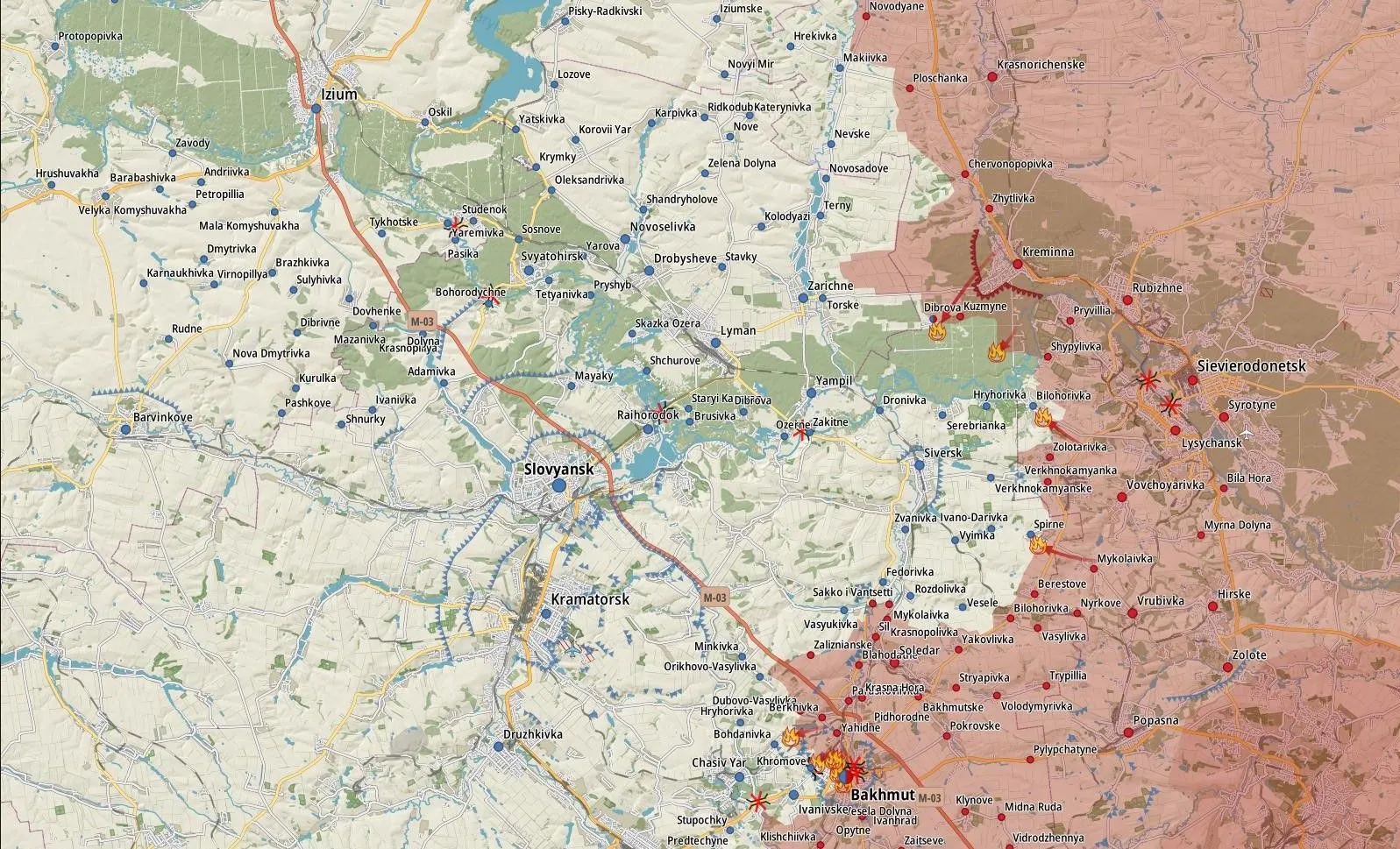 Carte du nord du Donbass, de Sloviansk à Bakhmout, frappes signalées en rouge