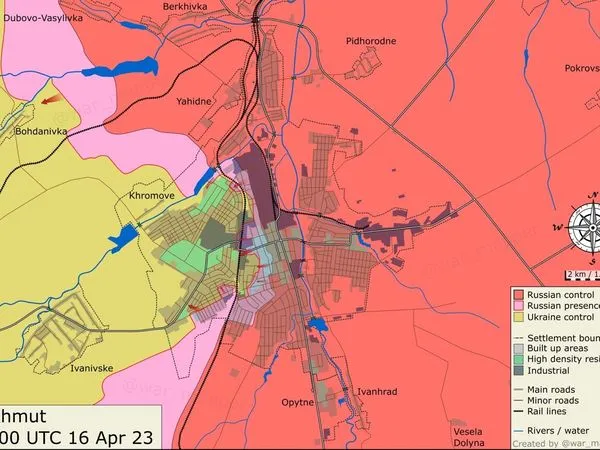 Carte de contrôle de Bakhmout au 16 avril, poche ukrainienne à l’ouest