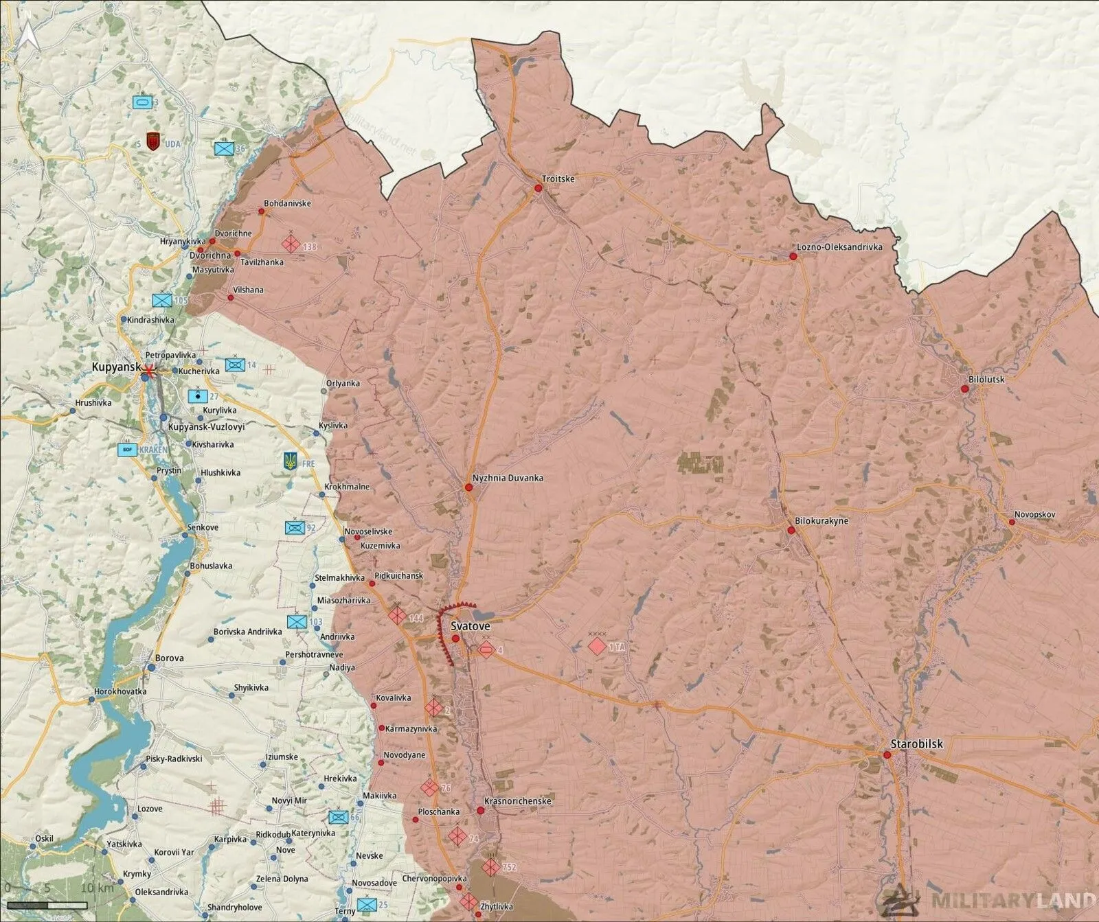 Carte du secteur de Kupiansk et Svatove, zone occupée en rose à l’est