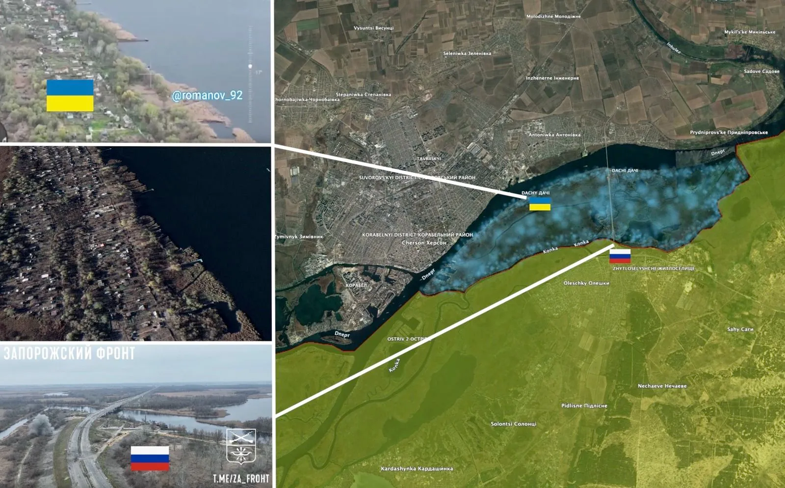 Vues de drone des datchas de la rive gauche et carte des positions face à Kherson