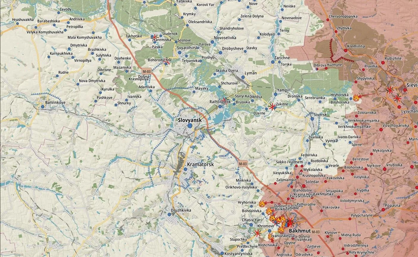 Carte du Donbass de Sloviansk à Bakhmout, foyers de combats signalés