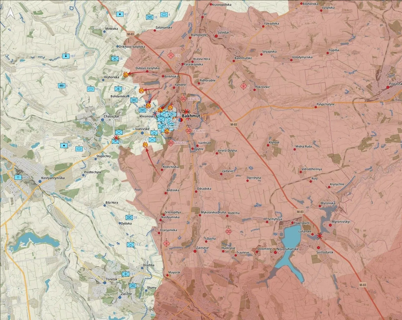 Carte de la région de Bakhmout : unités engagées et combats autour de Khromove