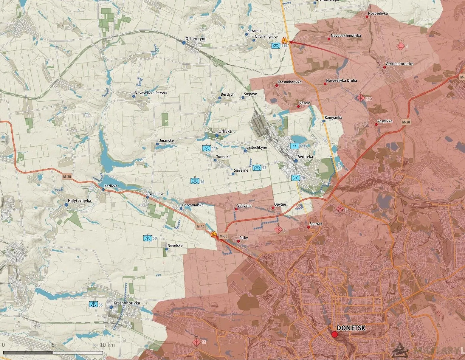 Carte du secteur d’Avdiivka, ligne de front au nord de Donetsk