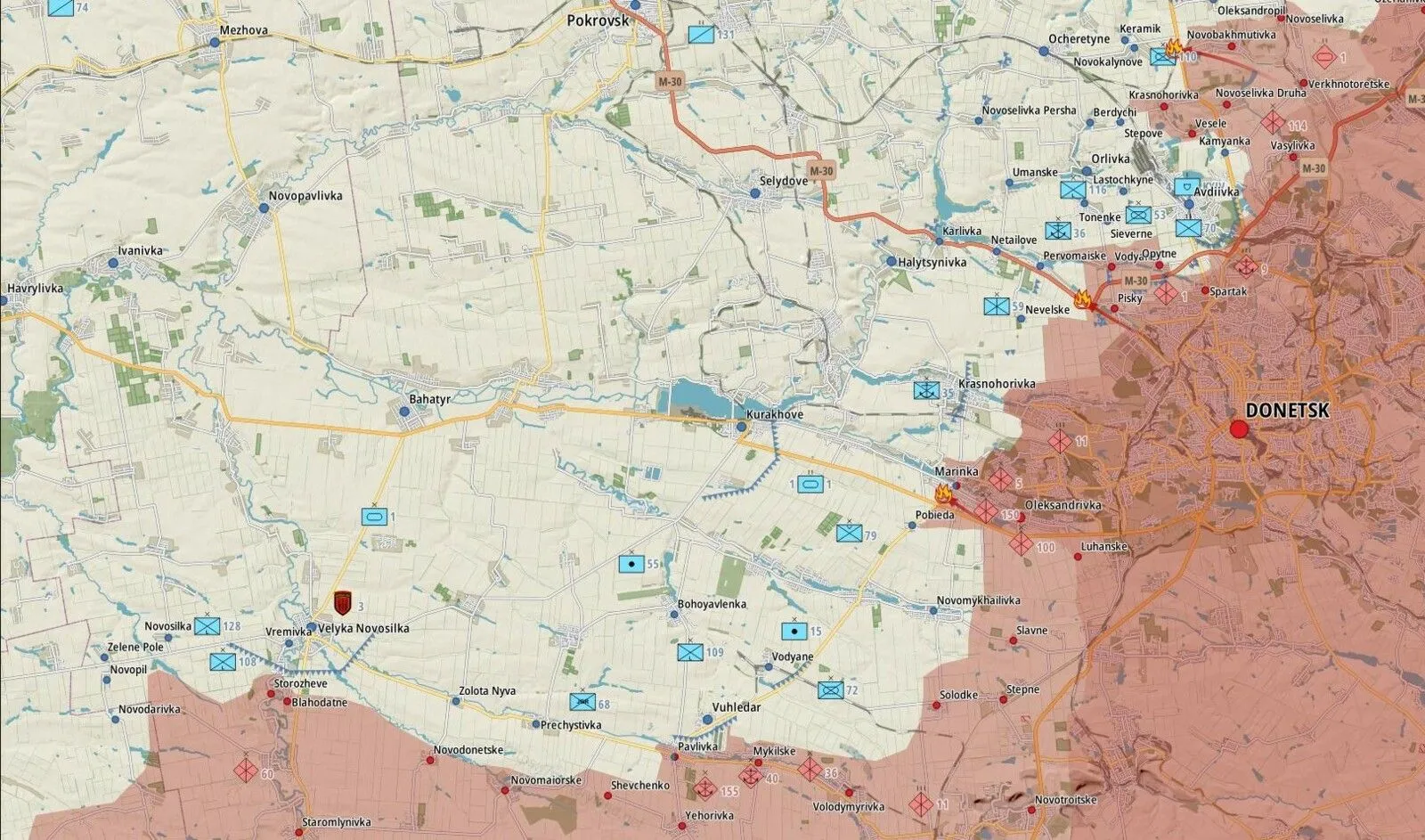 Carte du front sud de Donetsk, de Marinka à Vouhledar et Velyka Novosilka