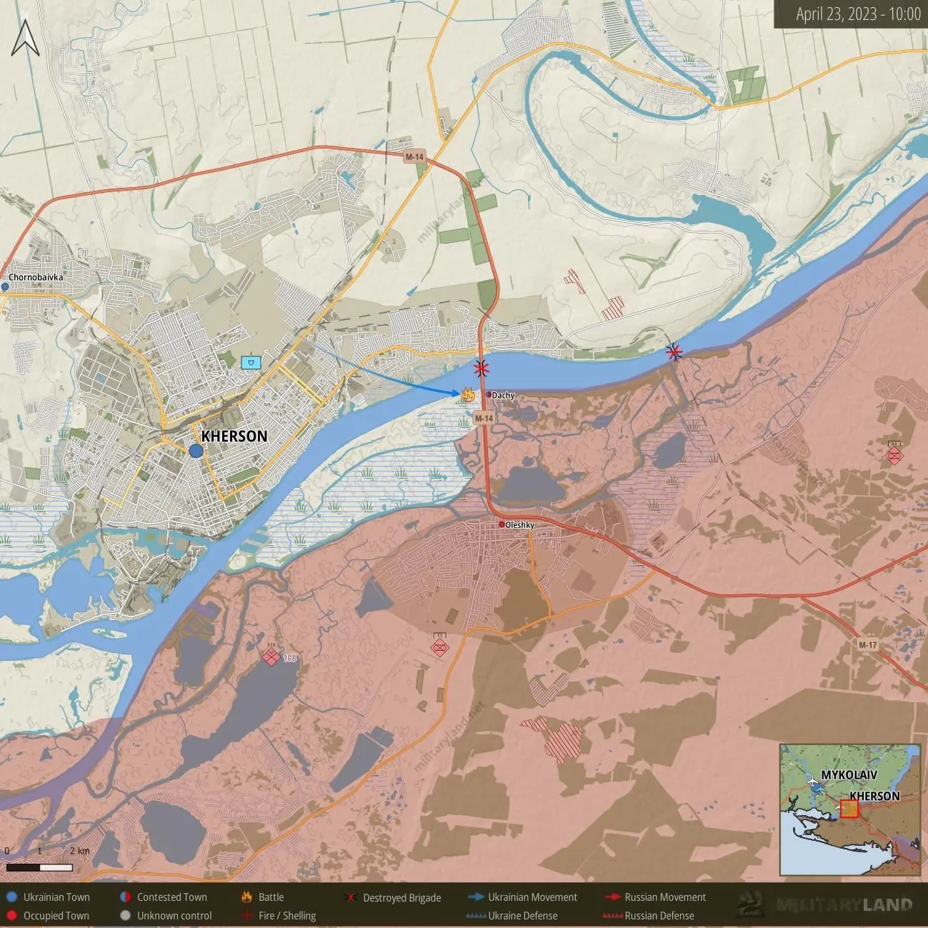 Carte du 23 avril : débarquement ukrainien à Dachy, en face de Kherson