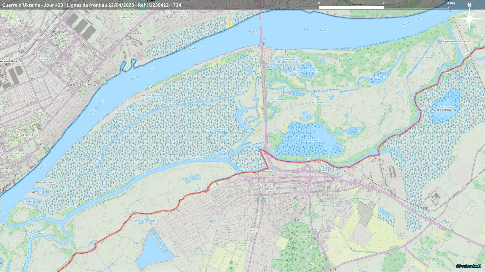 Carte détaillée des lignes de front du 22 avril entre Kherson, les marais et Oleshky