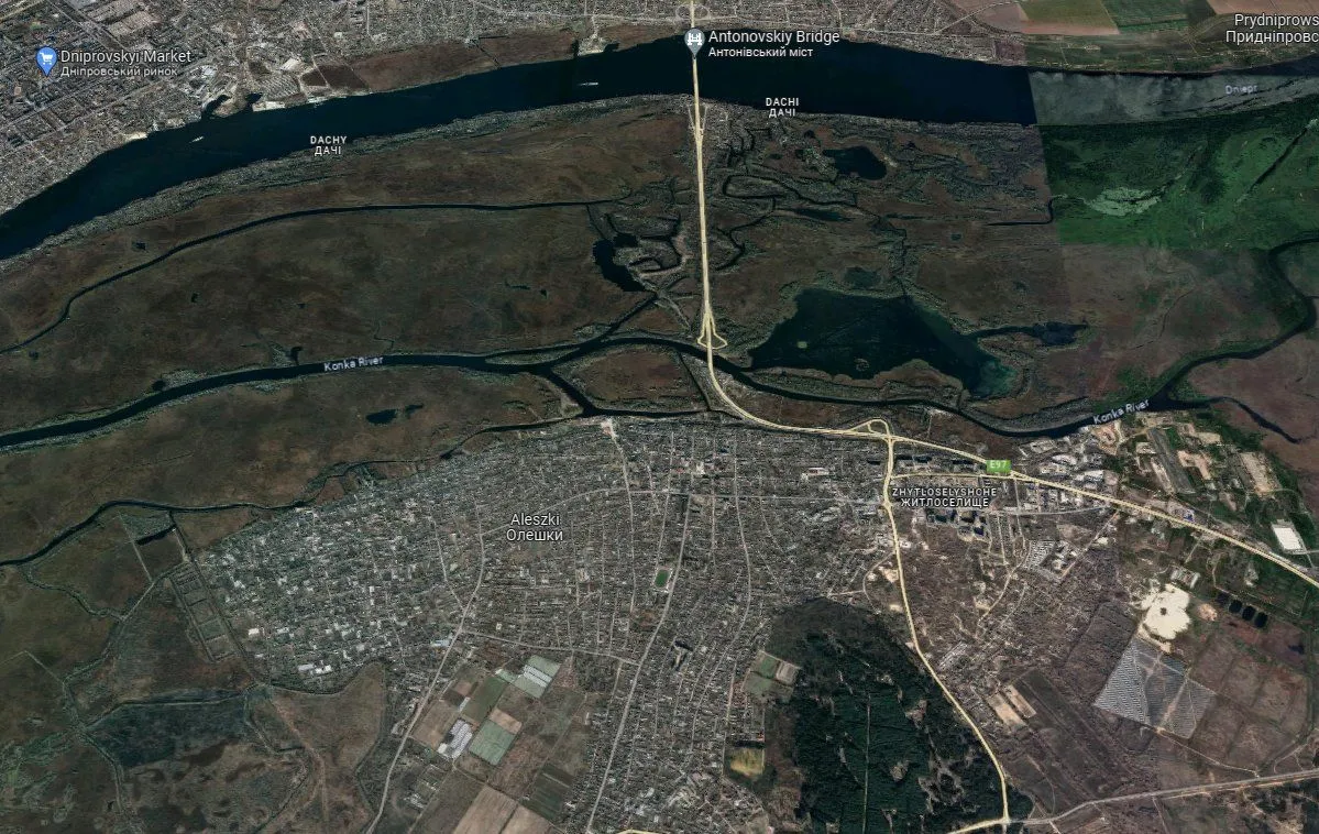 Vue satellite d’Oleshky, du pont Antonovski et de la rivière Konka