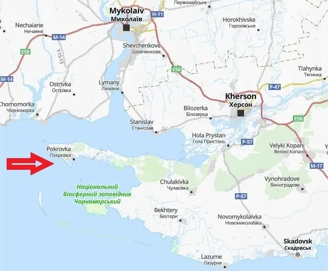 Carte de la péninsule de Kinbourn, flèche rouge pointant sa pointe ouest