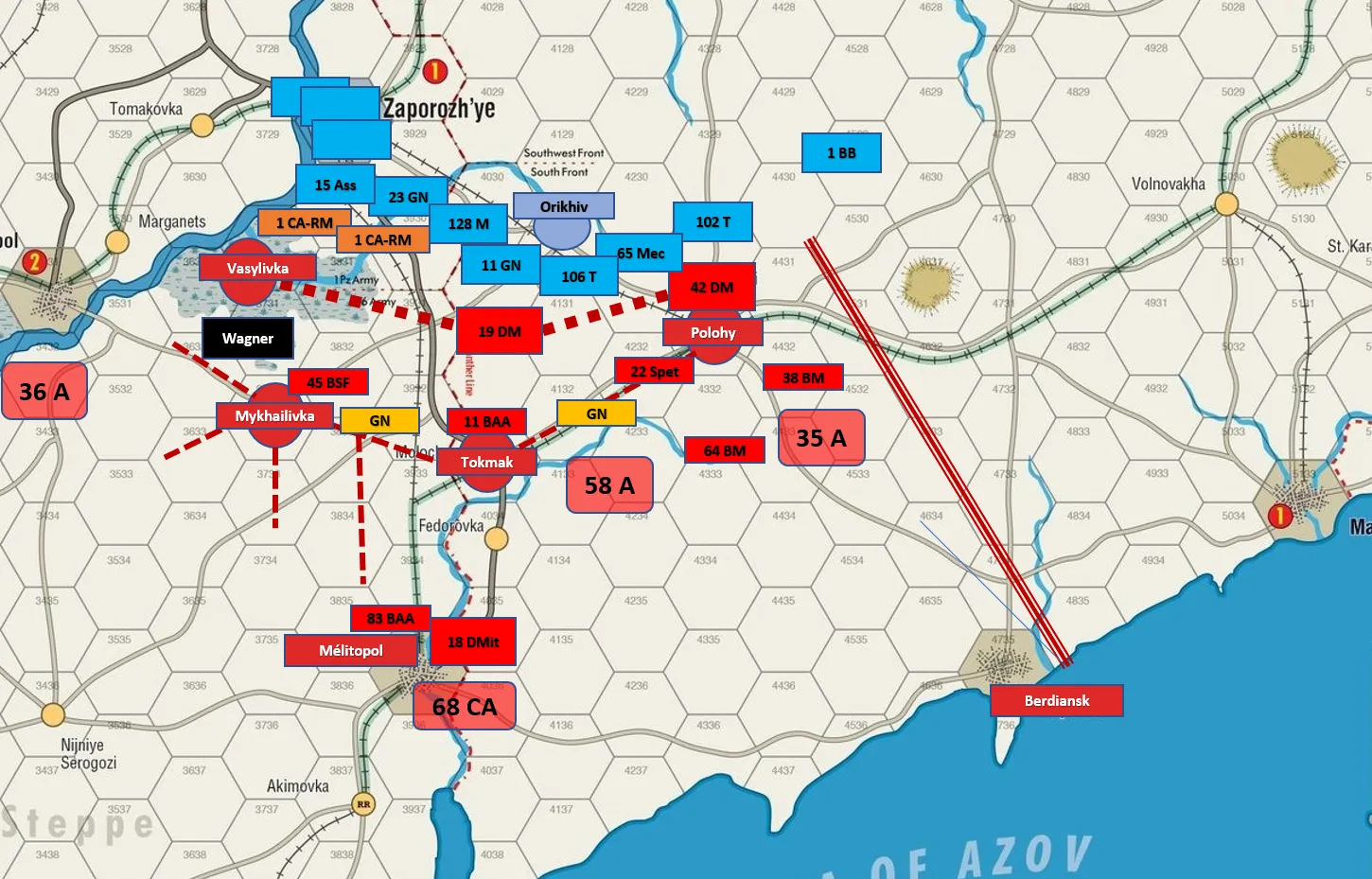 Schéma des unités russes et ukrainiennes de Zaporijjia à Berdiansk, via Tokmak