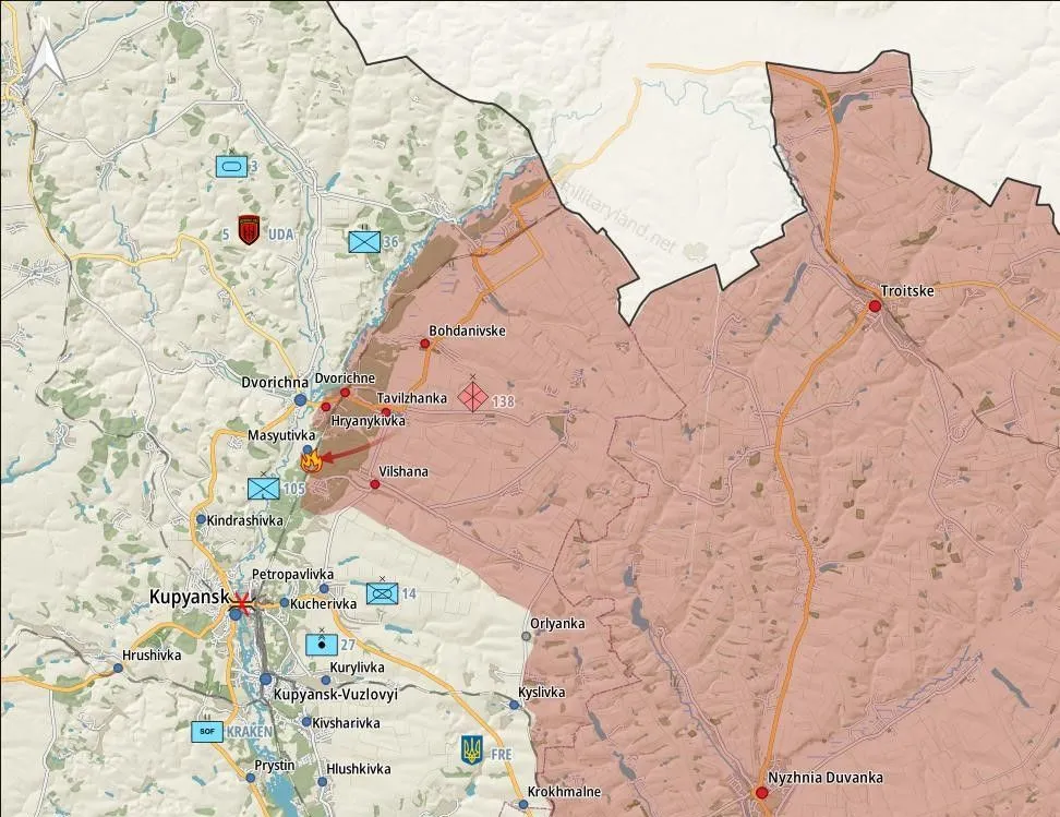 Carte du secteur de Koupiansk : poussée russe vers Masyutivka et Dvorichna