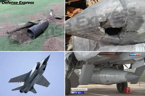 Débris d'un missile Kinzhal, ogive percée, et MiG-31 porteur en vol