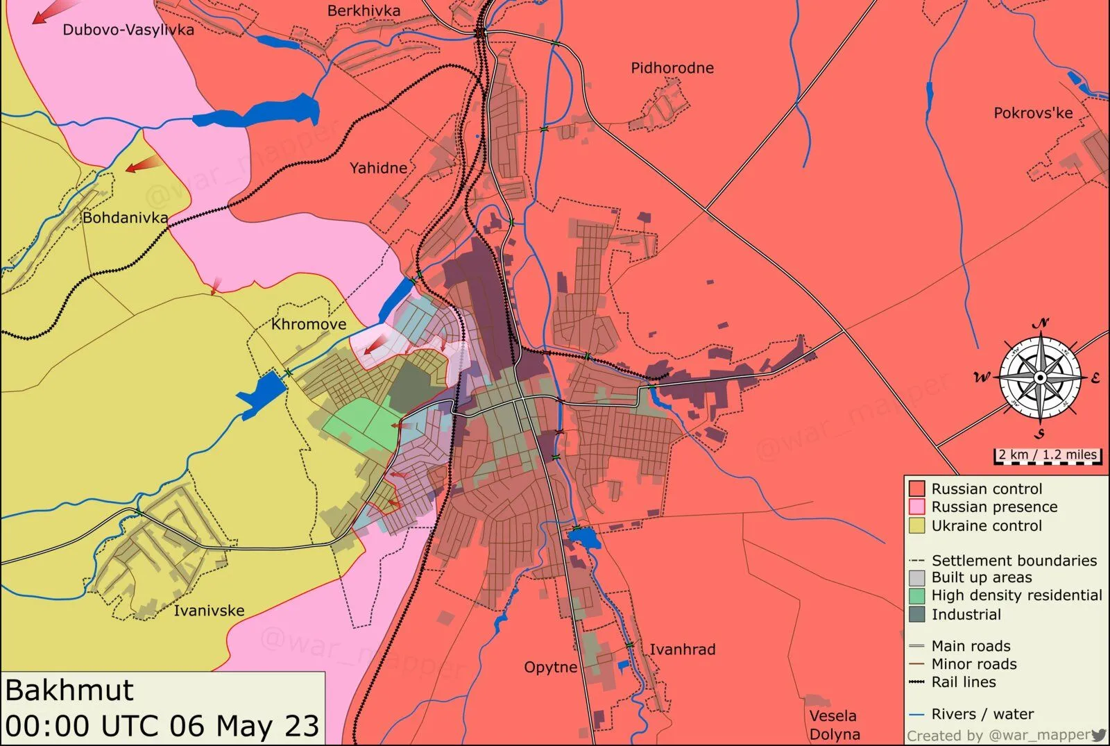 Carte du contrôle de Bakhmout au 6 mai : ville en rouge, poche ukrainienne à l’ouest