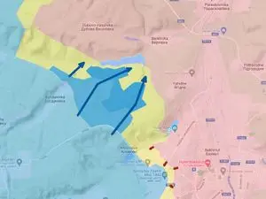 Carte du nord-ouest de Bakhmout, flèches bleues des avancées ukrainiennes