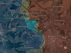 Nord de Bakhmout vu du ciel : terrain repris en bleu vers Dubovo-Vasylivka