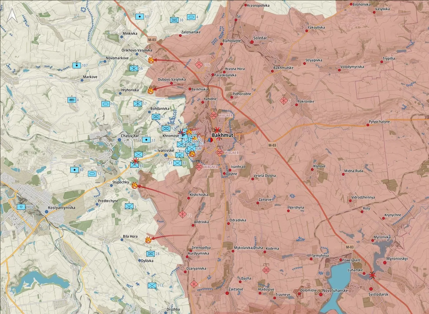 -	Bakhmout (région): Attaques russes repoussées au niveau Orikhovo-Vasylivka, Hryhorivka, Bakhmut, Stupochky, Bila Hora. L’armée russe a bombardé Vasukivka, Fedorivka Druha, Orikhovo-Vasylivka, Bohdanivka, Bakhmut, Ivanivske, Chasiv Yar, Bila Hora, Druzhba, Pivnichne, Pivdenne, Toretsk. L’aviation russe a effectué des frappes aériennes à Vasutynske, Novomarkove, Hryhorivka, Bakhmut, Ivanivske, Kurdumivka et Pivnichne. 