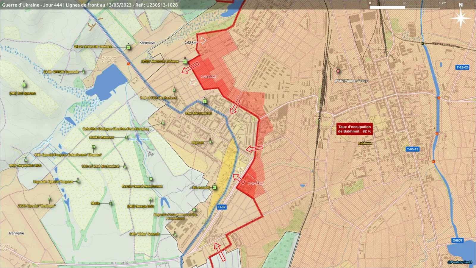 -	Bakhmout ville : Des détachements de Wagner ont capturé l’école olympique au nord-ouest de la ville de Bakhmut, capturé plusieurs bâtiments dans le district de Cherema, tandis que les combats se poursuivaient le long de l’avenue Chaikovskoho. Des détachements de Wagner, se battant de maison en maison, avancent le long des rues Medvedev, Chernyakhovsky et Tolboukhine. Les combats se poursuivent dans le secteur de la base de la 54e brigade mécanisée.