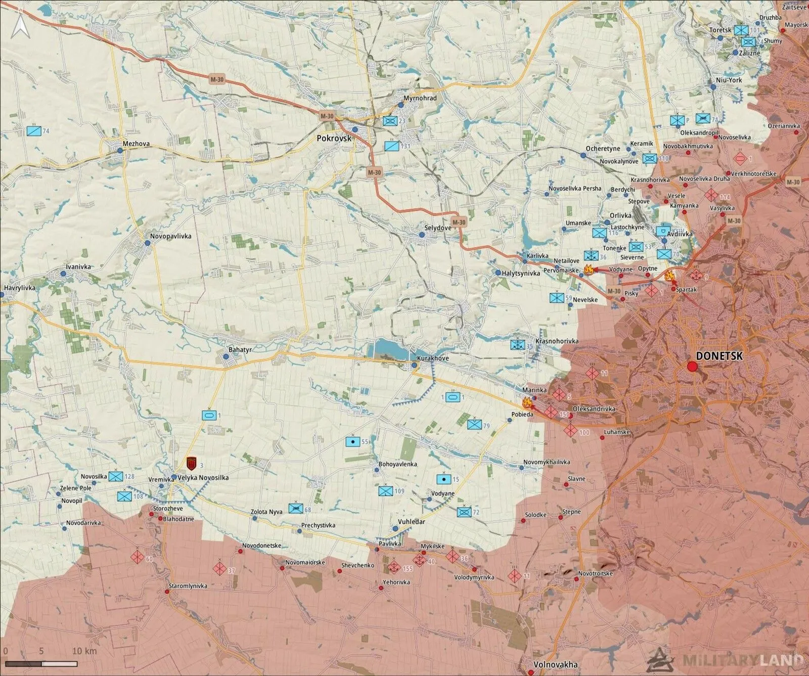 -	Donetsk : Attaque russe repousséz au niveau de Marinka. Dans la direction de Marinka, l’armée russe a bombardé Heorhiyivka et Pobyeda. Dans la direction de Shakhtarske, l’armée russe a bombardé Vuhledar, Novoukrayinka, Prechystivka et Shakhtarske. L’aviation russe a mené des frappes aériennes à Prechystivka.