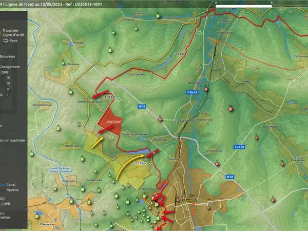 Carte du 13 mai : flèches jaunes de progression ukrainienne vers Orikhovo-Vasylivka