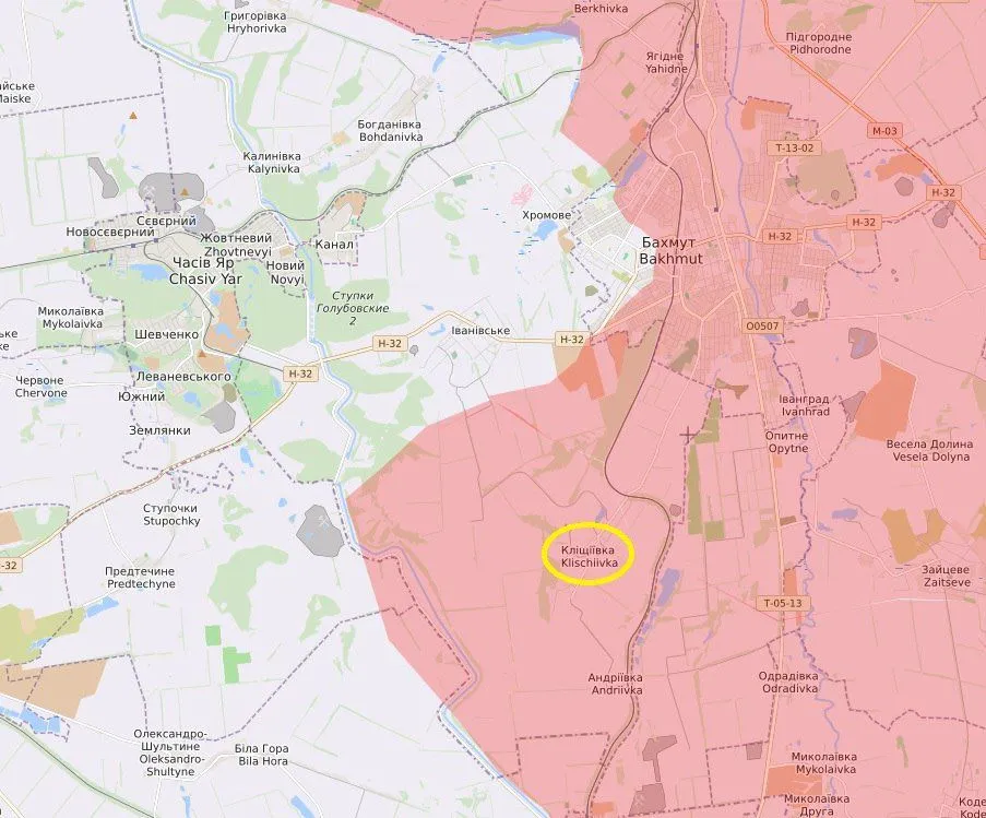 Carte du secteur de Bakhmout, Klishchiivka entourée en jaune au sud