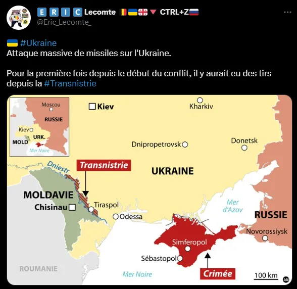 Message annonçant à tort des tirs depuis la Transnistrie, avec carte de la Moldavie