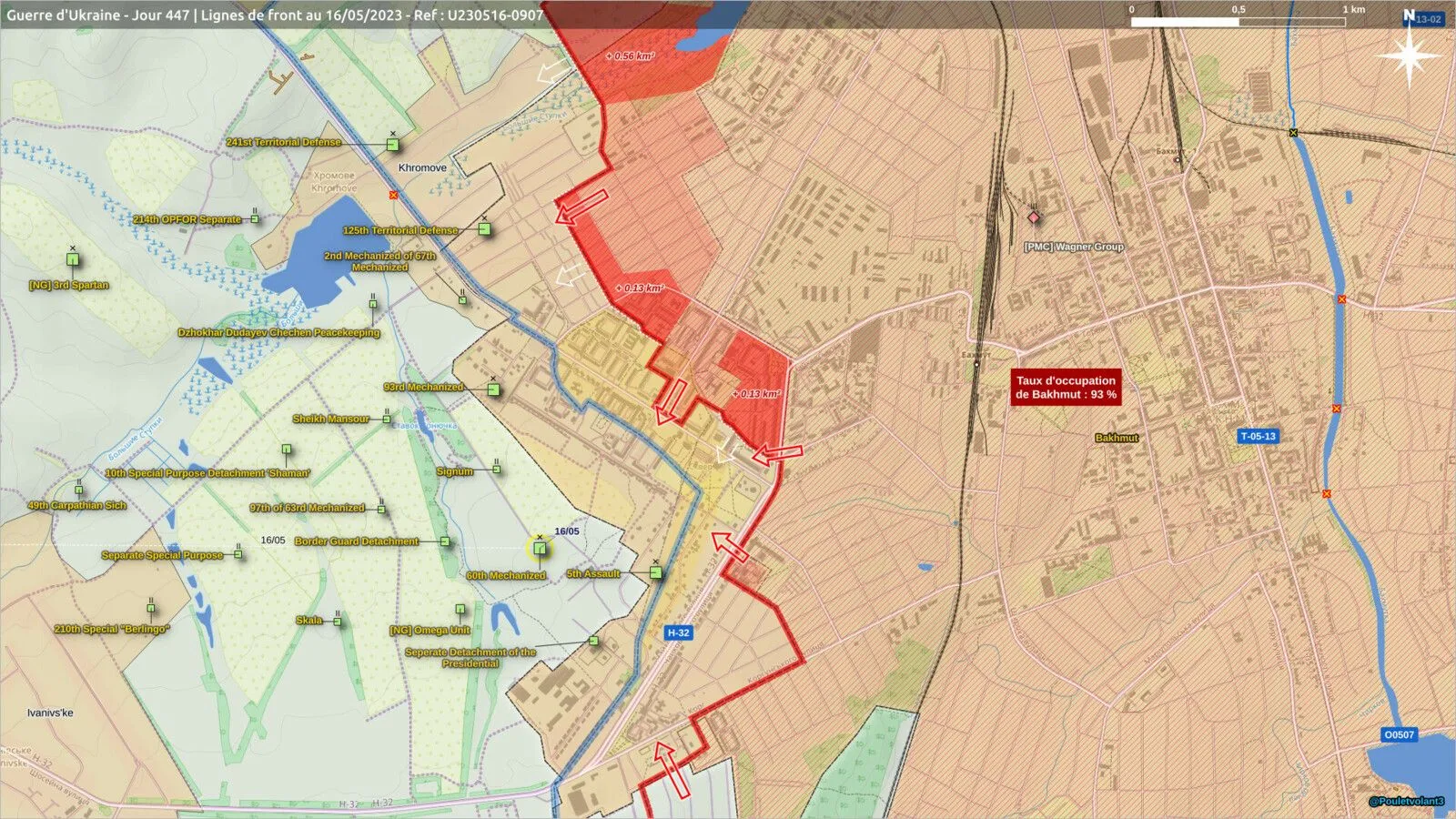Dans la ville elle-même. L’attaque d’un drone russe sur des positions ukrainiennes au nord-est de Khromove, indique que les troupes ukrainiennes tiennent la ville. Les mercenaires Wagner ont avancé dans la zone au sud de la base de la 54e brigade mécanisée et ont capturé un bloc résidentiel.