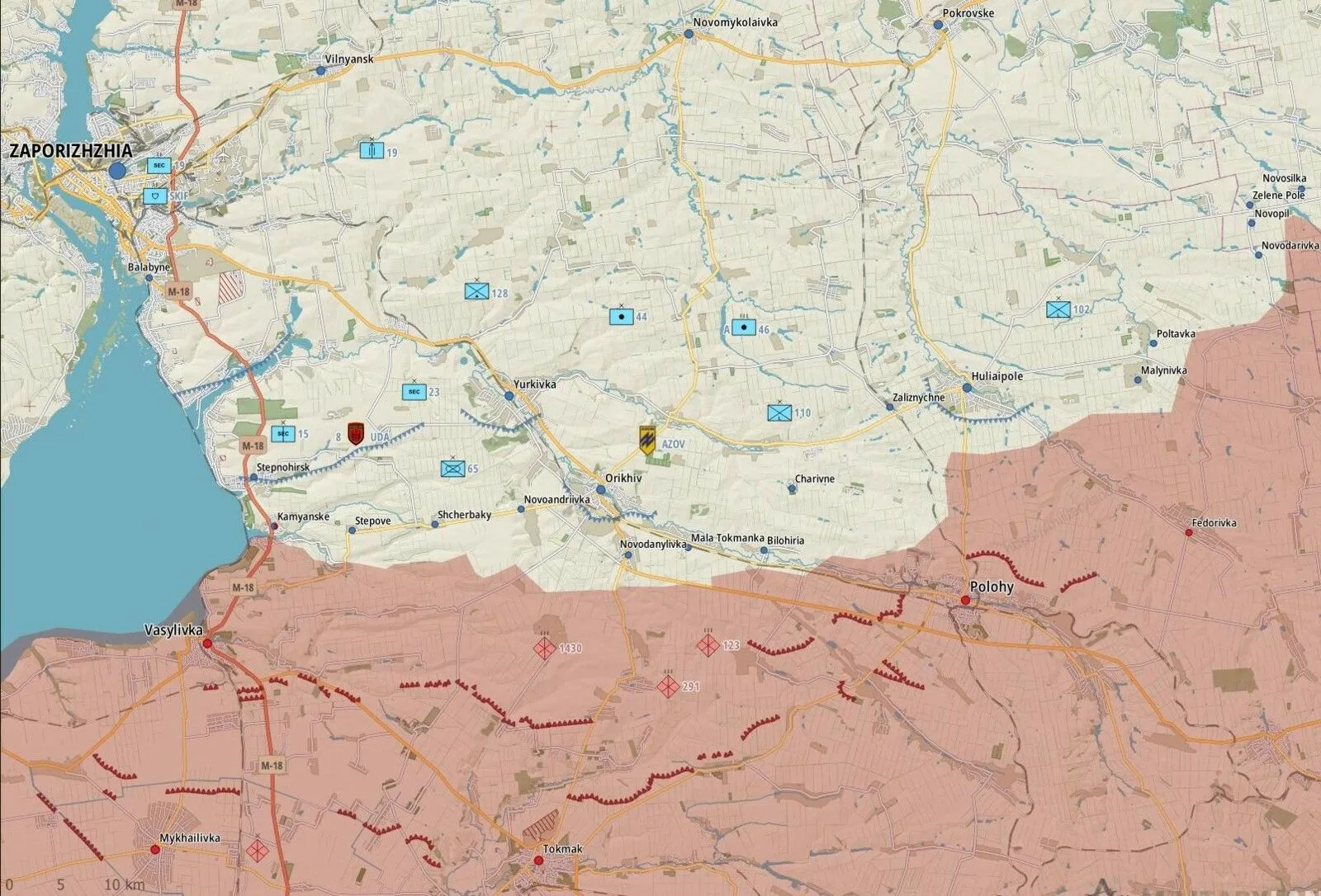 -	Zaporizhzhia : l’armée russe a bombardé Vremivka, Novosilka, Zelene Pole, Novopil, Olhivske, Huliaipole, Zaliznychne, Mala Tokmachka, Scherbaky, Stepove et Kamyanske. L’aviation russe a mené des frappes aériennes près de Novopil et de Mala Tokmachka.