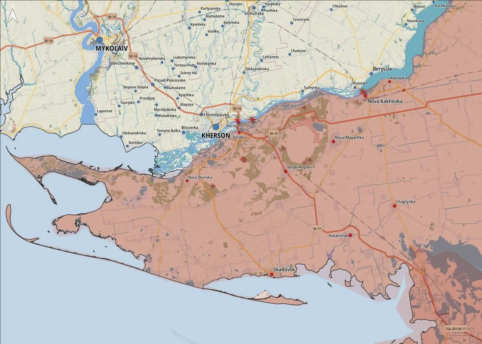 -	Kherson: l’armée russe a bombardé Zolota Balka, Kachkarivka, Chervonyy Mayak, Zmiyivka, Beryslav, Tyahynka, Antonivka, Dniprovske, Kizomys, Shyroka Balka et Kherson. 