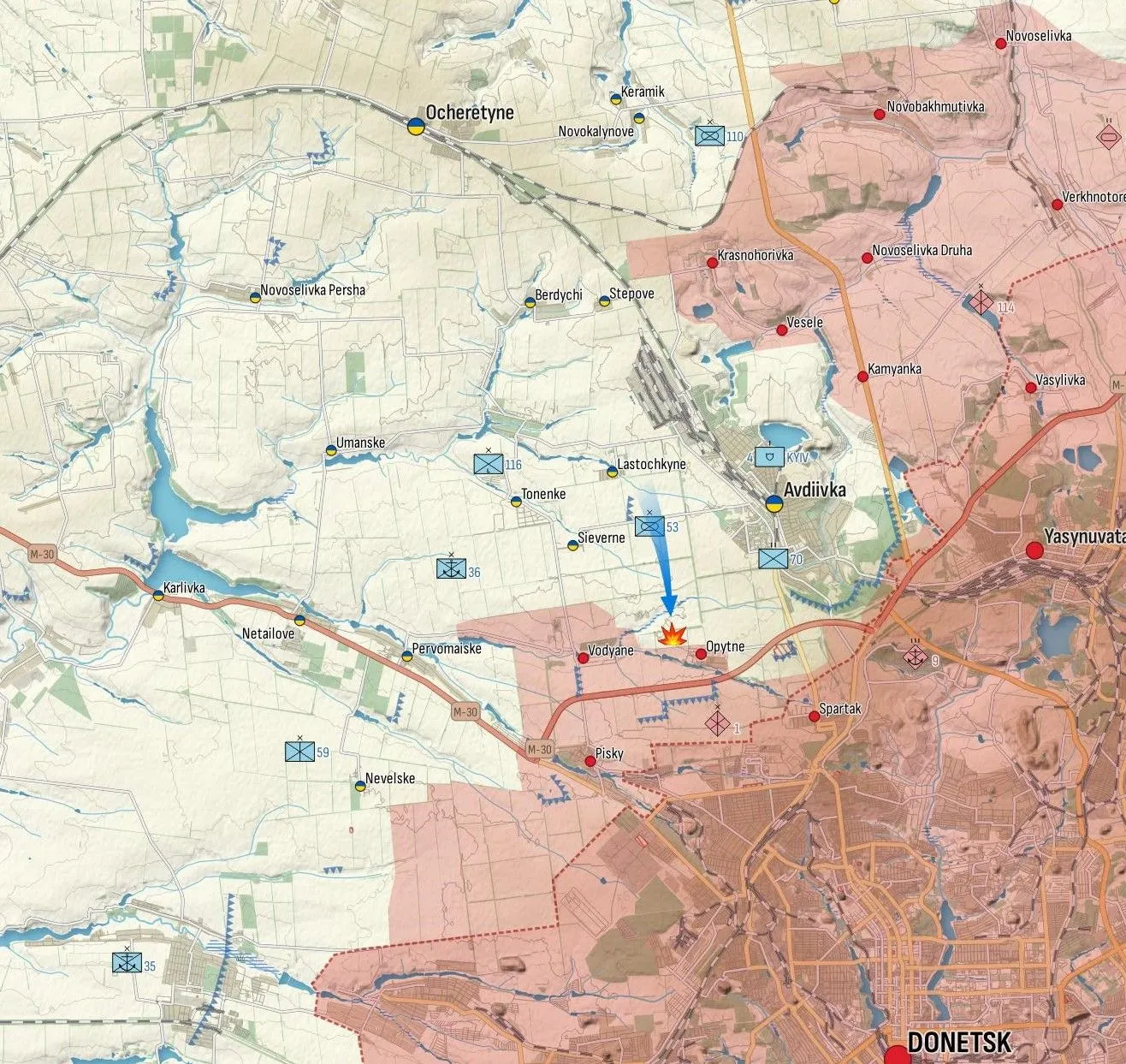 - Adviivka : Des images géolocalisées de l’artillerie russe ciblant les positions ukrainiennes indiquent que les troupes ukrainiennes ont avancé et récupéré des positions précédemment perdues au nord d’Opytne.