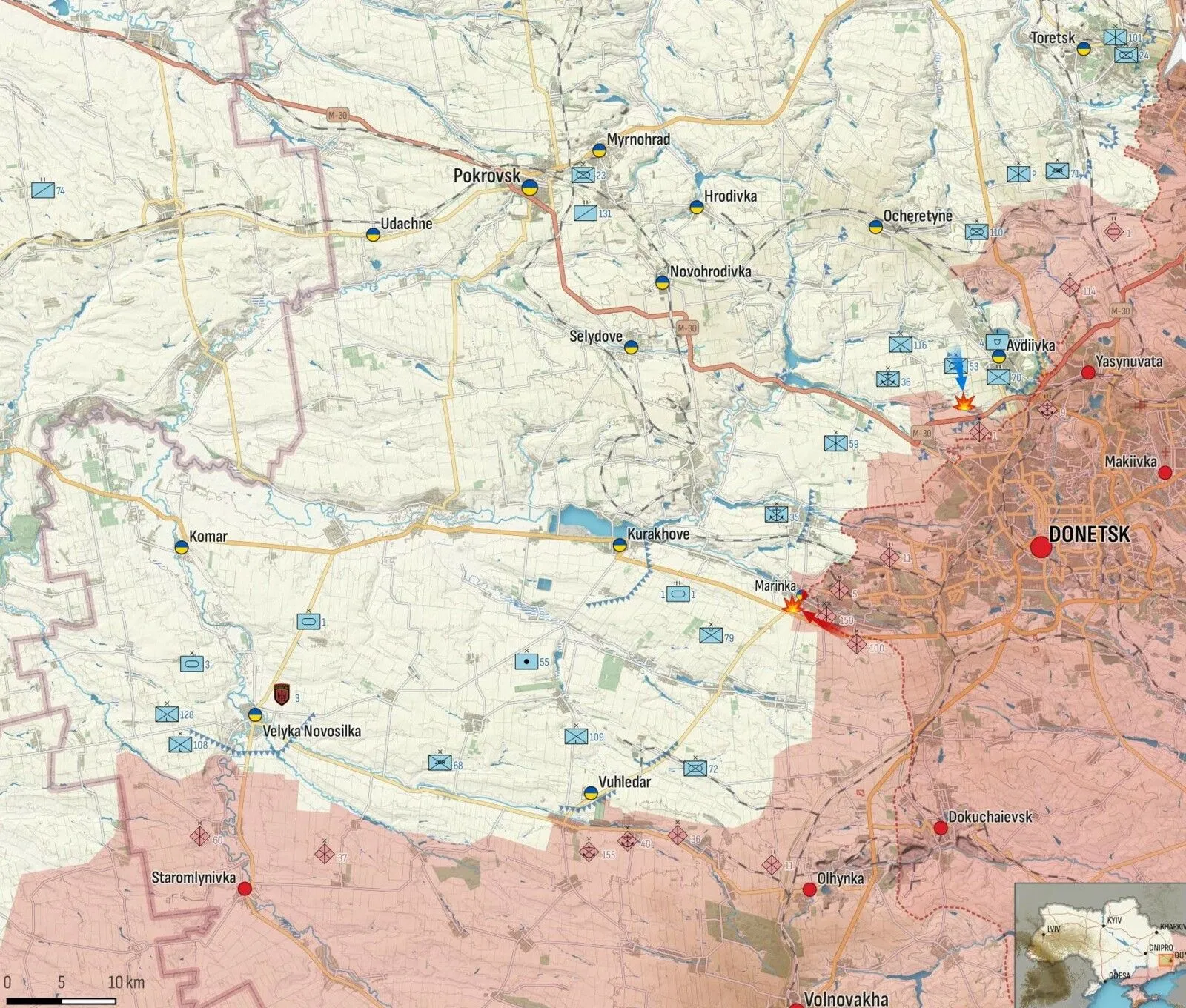 - Donetsk : Les forces russes tentent de mener des actions offensives à Maryinka. L’armée russe a bombardé Maryinka et Heorhiyivka de la région de Donetsk. L’aviation russe a mené une frappe aérienne à Heorhiyivka. Lancements de missiles signalés depuis Shakhtarsk. Sud-Ouest, L’armée russe a bombardé Vremivka, Zelene Pole, Novopil