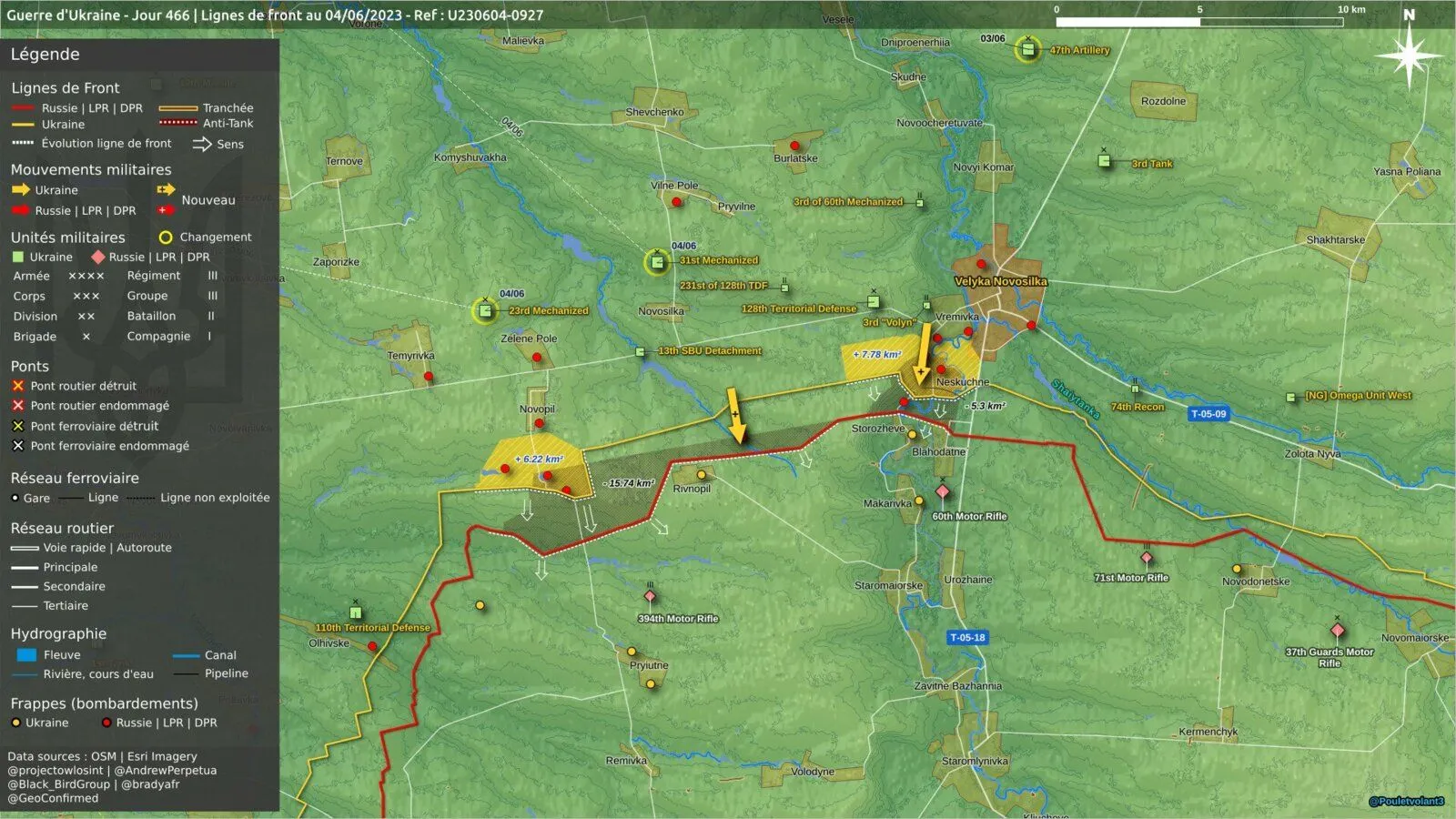 Carte des gains ukrainiens autour de Velyka Novosilka et de la rivière Mokri Yaly