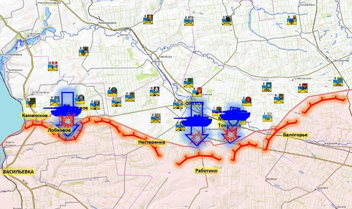 Carte russophone des axes d’attaque ukrainiens autour d’Orikhiv vers Robotyne