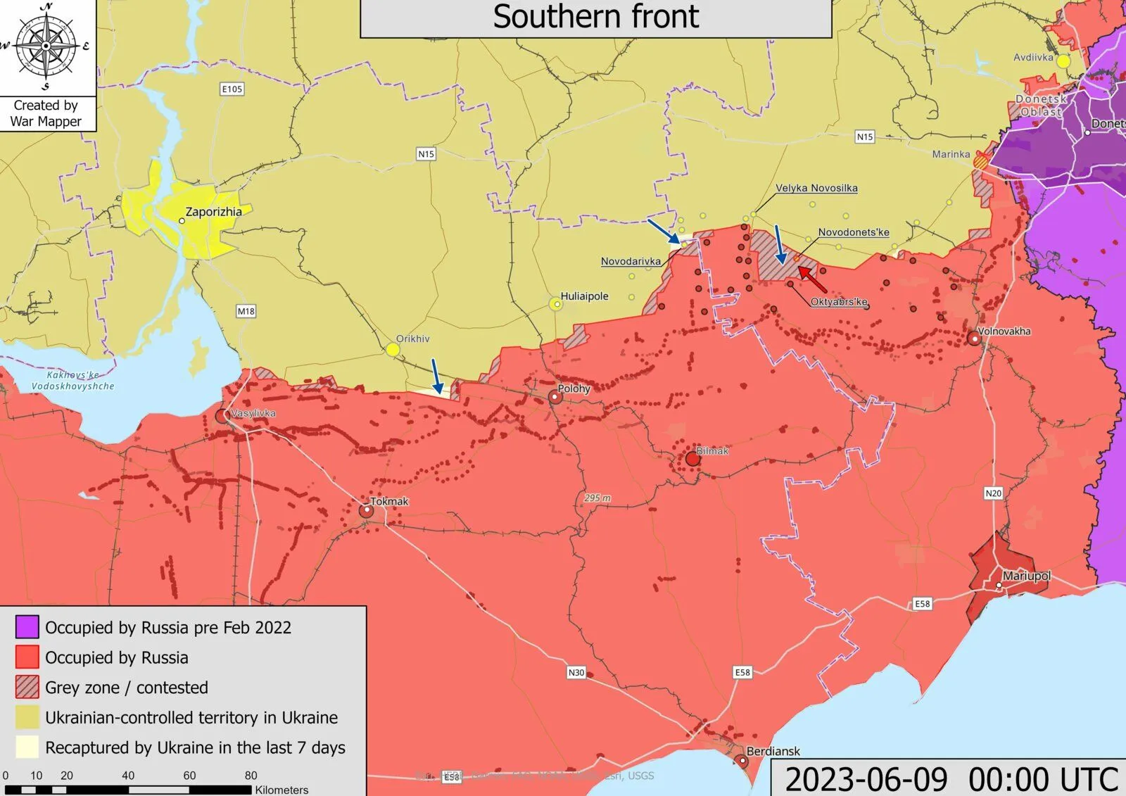 Carte du front sud au 9 juin, zones occupées et reprises vers Velyka Novosilka