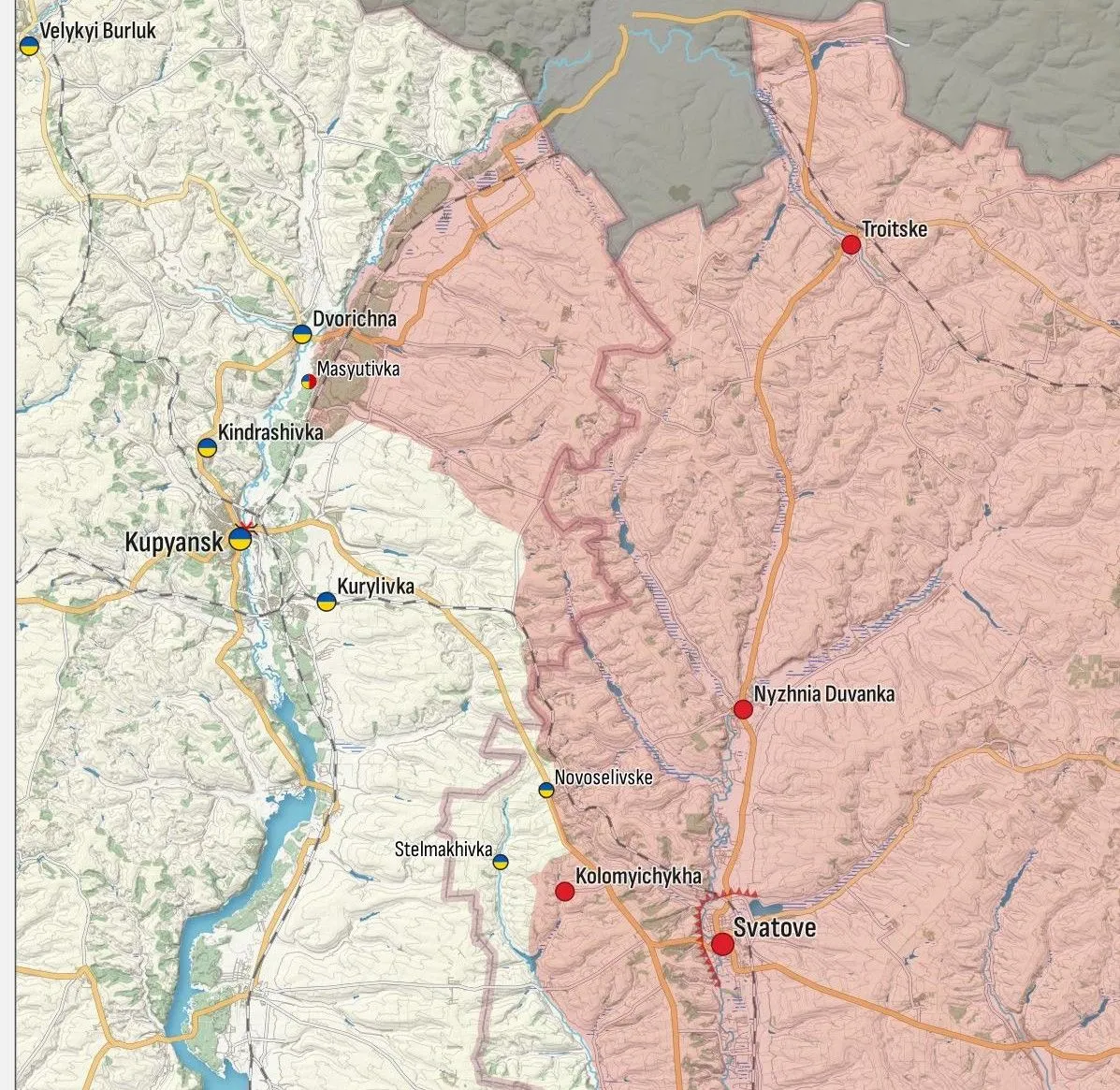 Carte du secteur Koupiansk-Svatove, zone occupée russe à l’est de l’Oskil