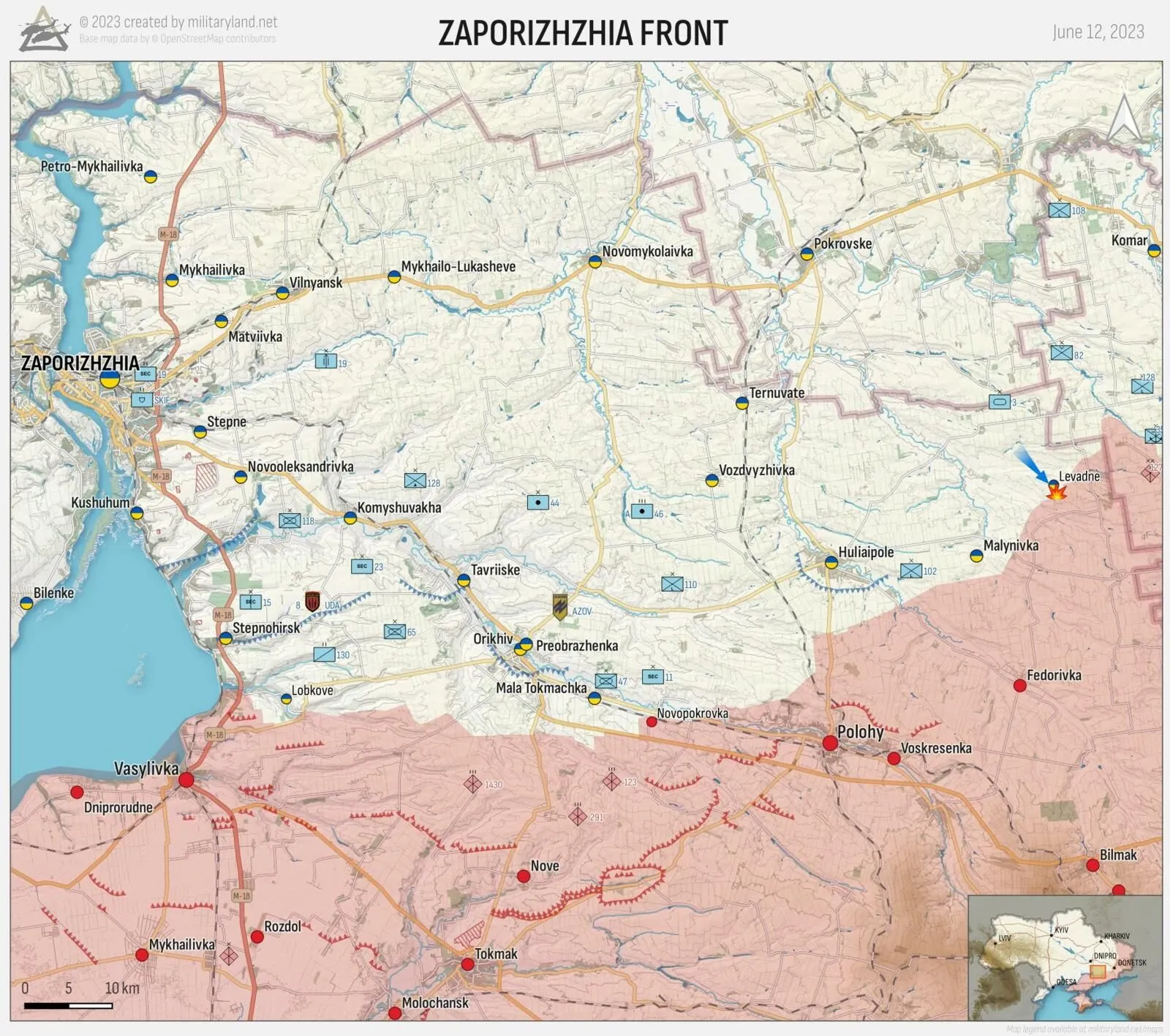 Carte du front de Zaporijjia au 12 juin, d’Orikhiv aux fortifications de Tokmak