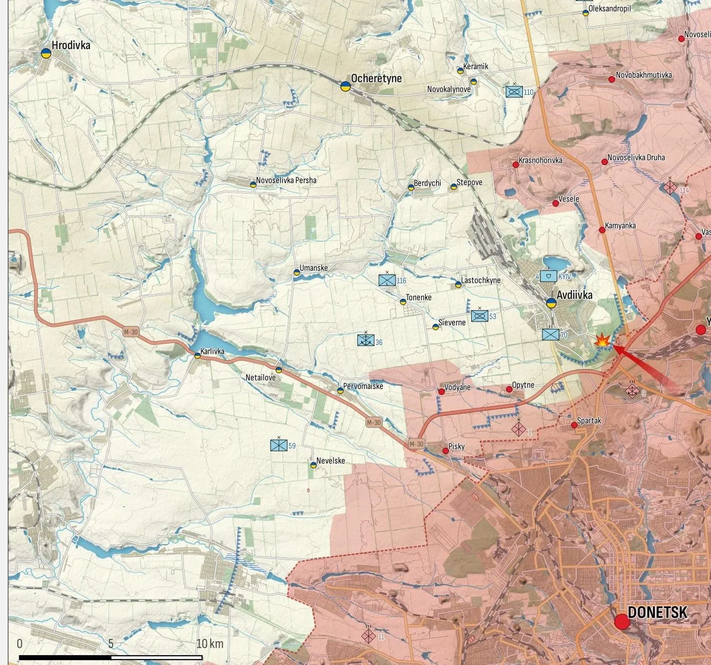 Carte du secteur d’Avdiivka, attaque russe signalée à l’est de la ville