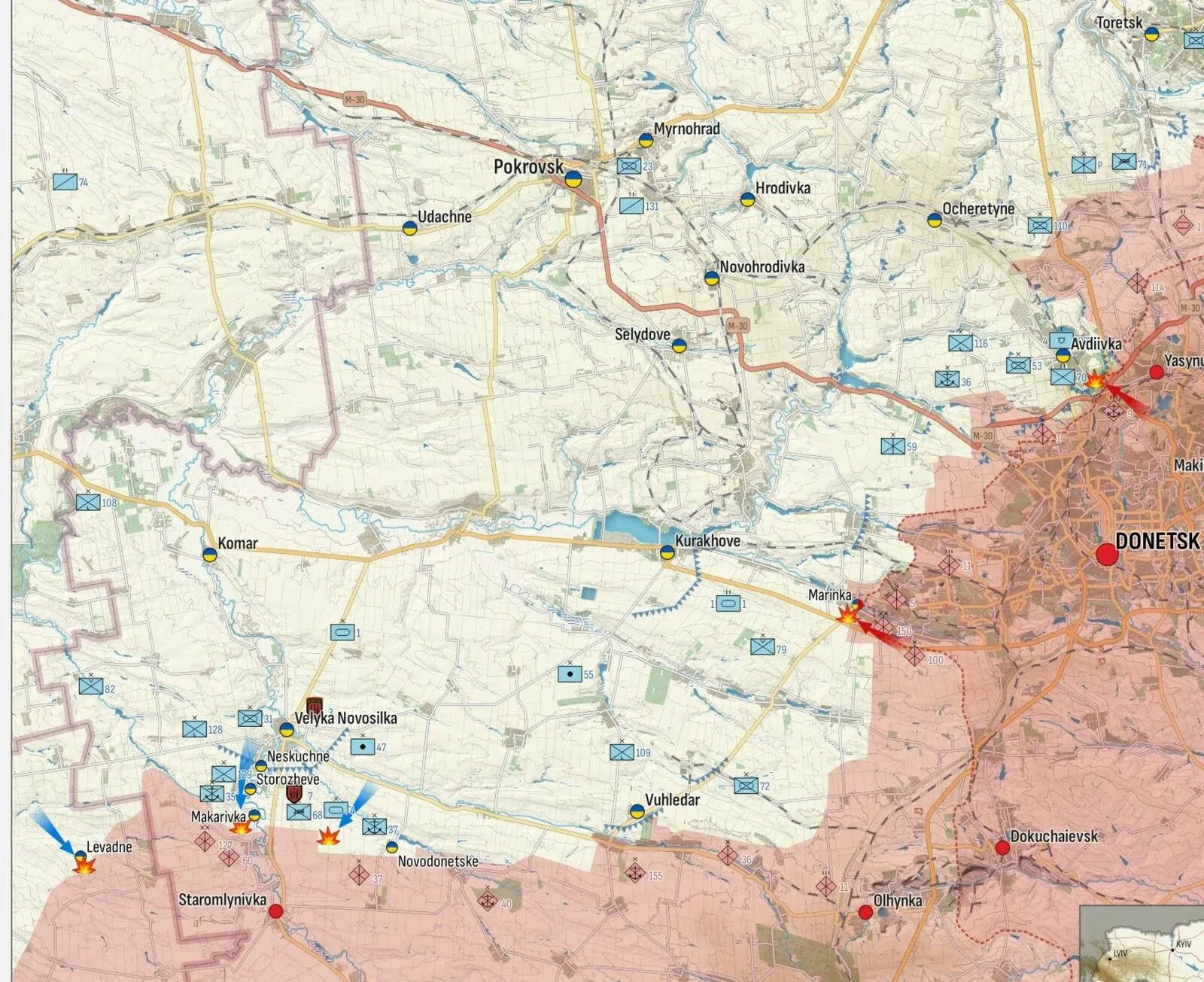 Carte du sud de l’oblast de Donetsk, de Pokrovsk aux avancées vers Levadne