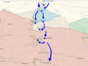 Carte des axes de progression ukrainiens de Velyka Novosilka vers Staromlynivka
