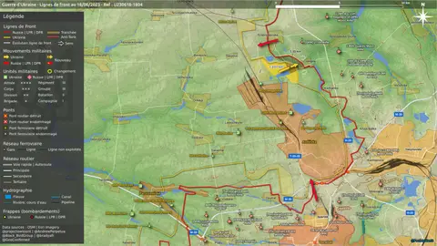 Carte du front autour d'Avdiivka et de Donetsk au 18 juin 2023