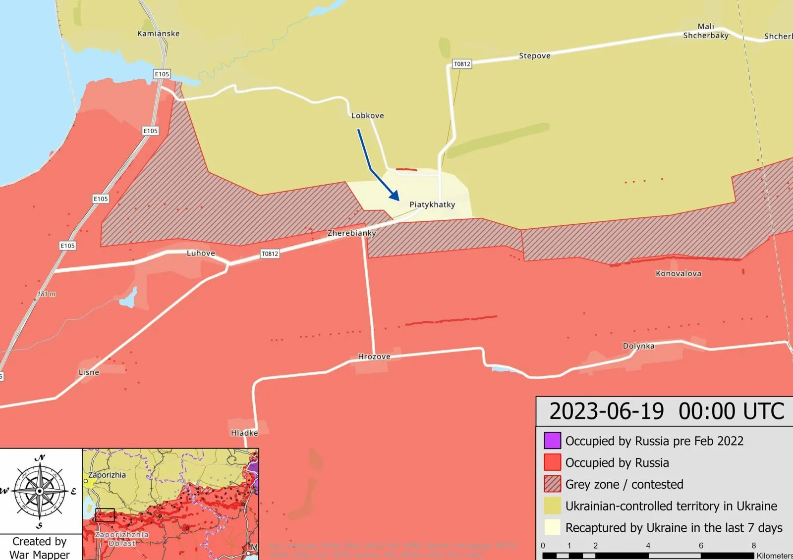 Carte du secteur de Piatykhatky repris par l’Ukraine, oblast de Zaporijia